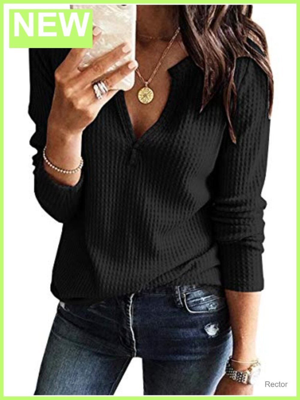 V Neck Waffle Knit Long Sleeve T-Shirt Loose Pullover Sweater Top